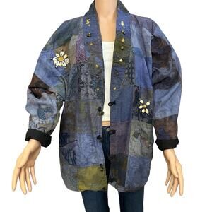 California Gecko Boho Patchwork Jacket Medium Batik Hippie Embellished Button